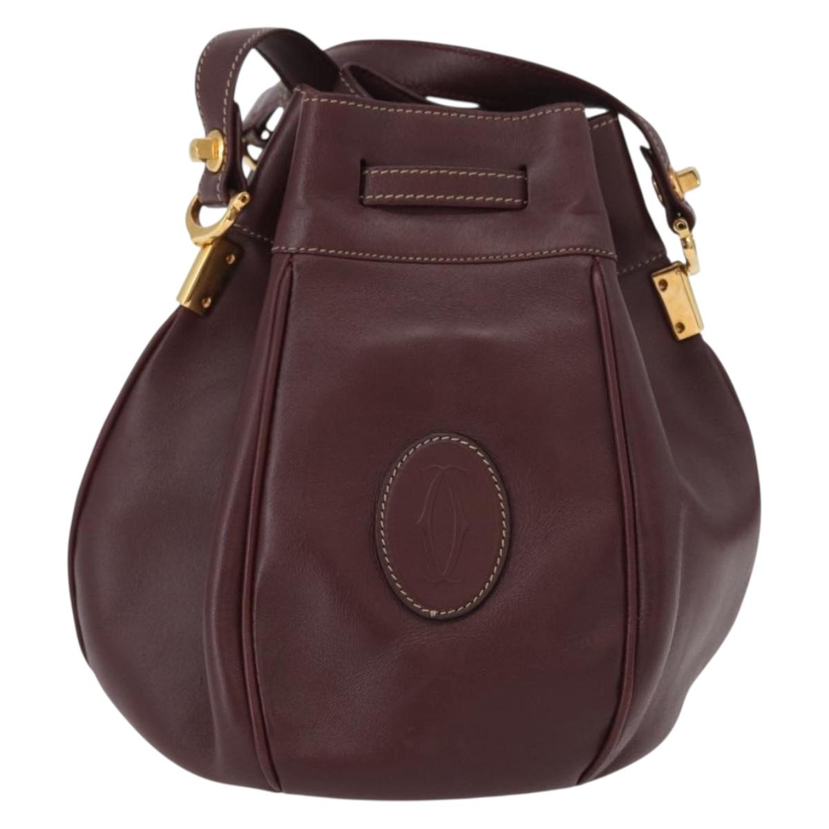 CARTIER Must Line Shoulder Bag Leather Bordeaux Gold Auth ki6436