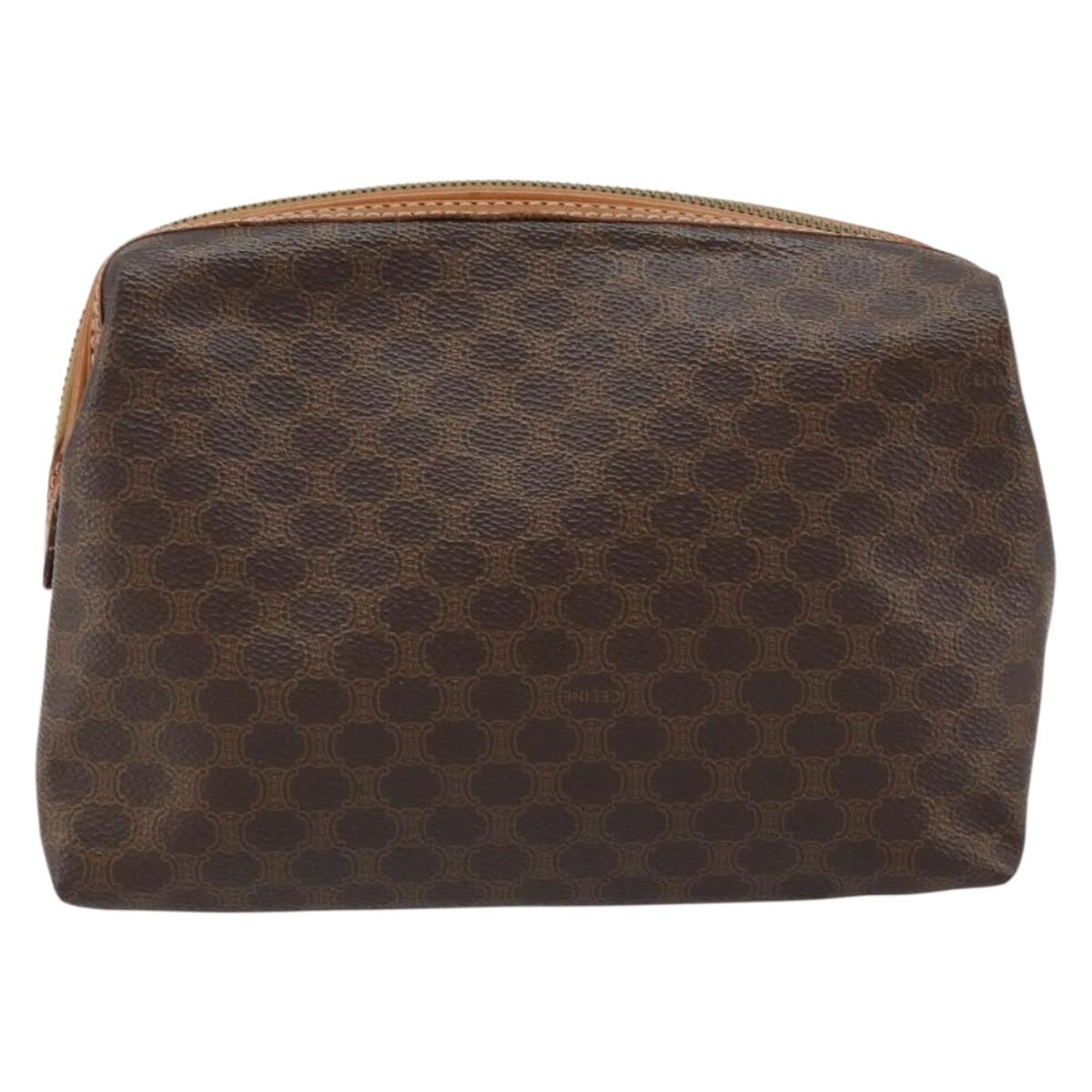 CELINE Macadam Canvas Pouch PVC Leather Brown Gold Auth ki6446