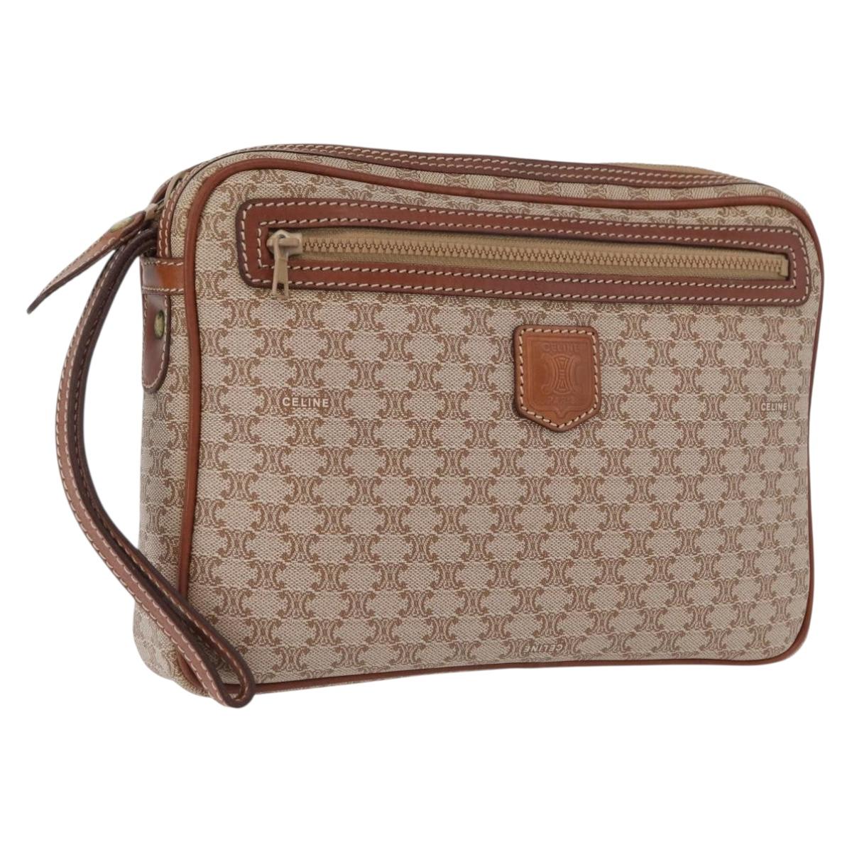 CELINE Macadam Canvas Clutch Bag PVC Leather Beige Gold Auth ki6467