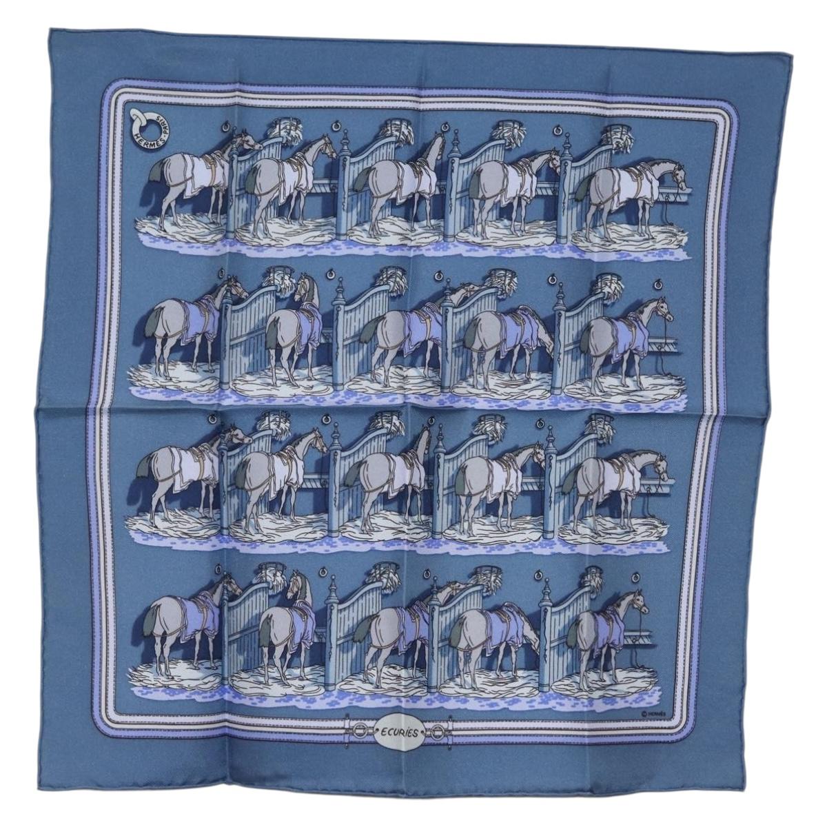 HERMES Carre 45 Scarf ""ECURIES"" Silk Blue Auth ki6468