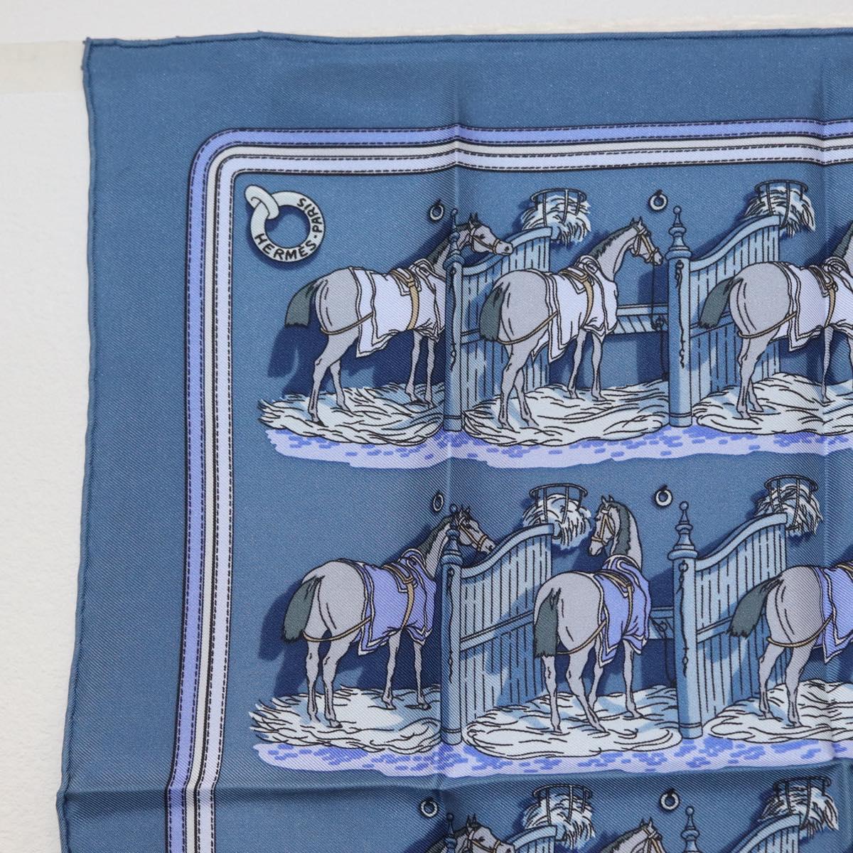 HERMES Carre 45 Scarf ""ECURIES"" Silk Blue Auth ki6468