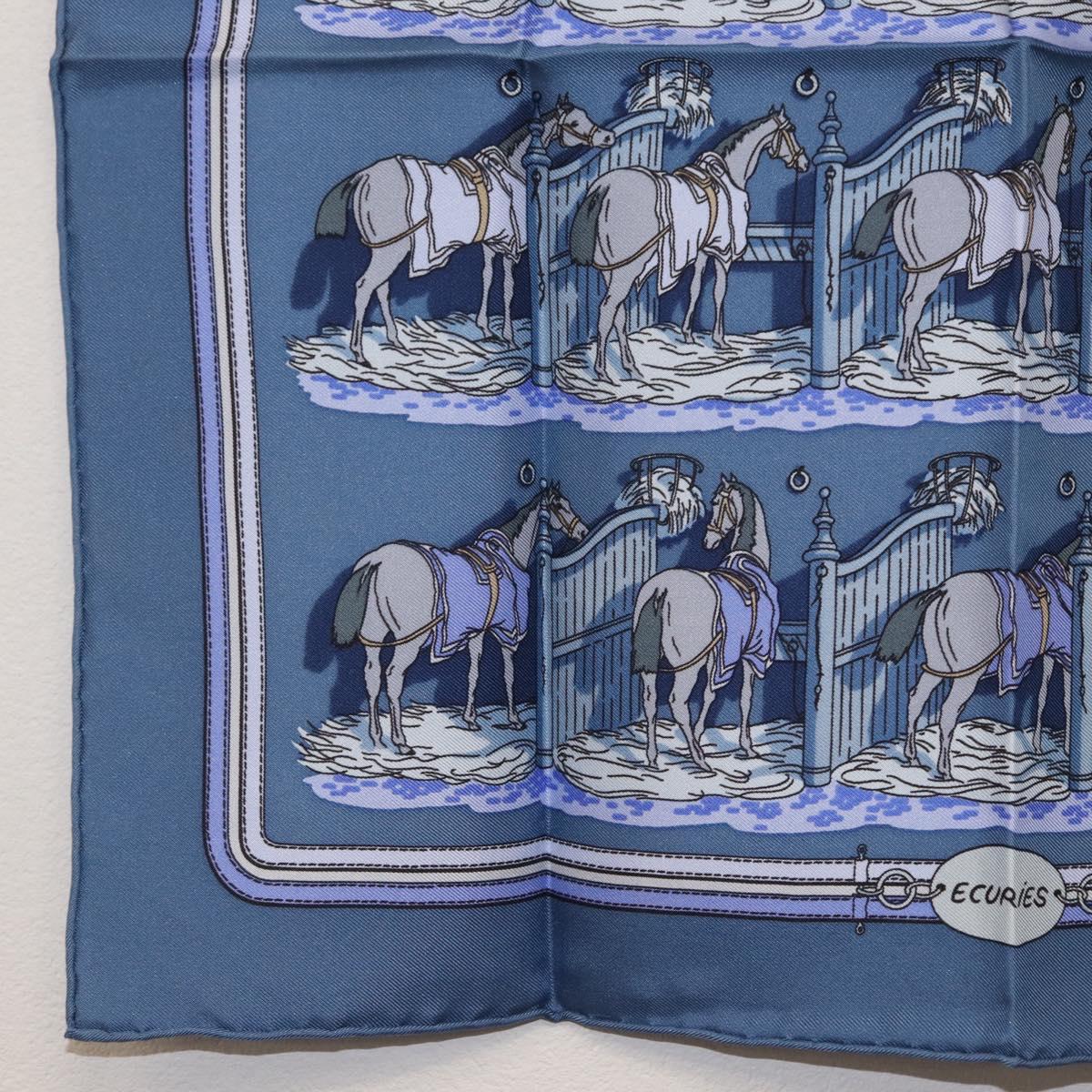 HERMES Carre 45 Scarf ""ECURIES"" Silk Blue Auth ki6468