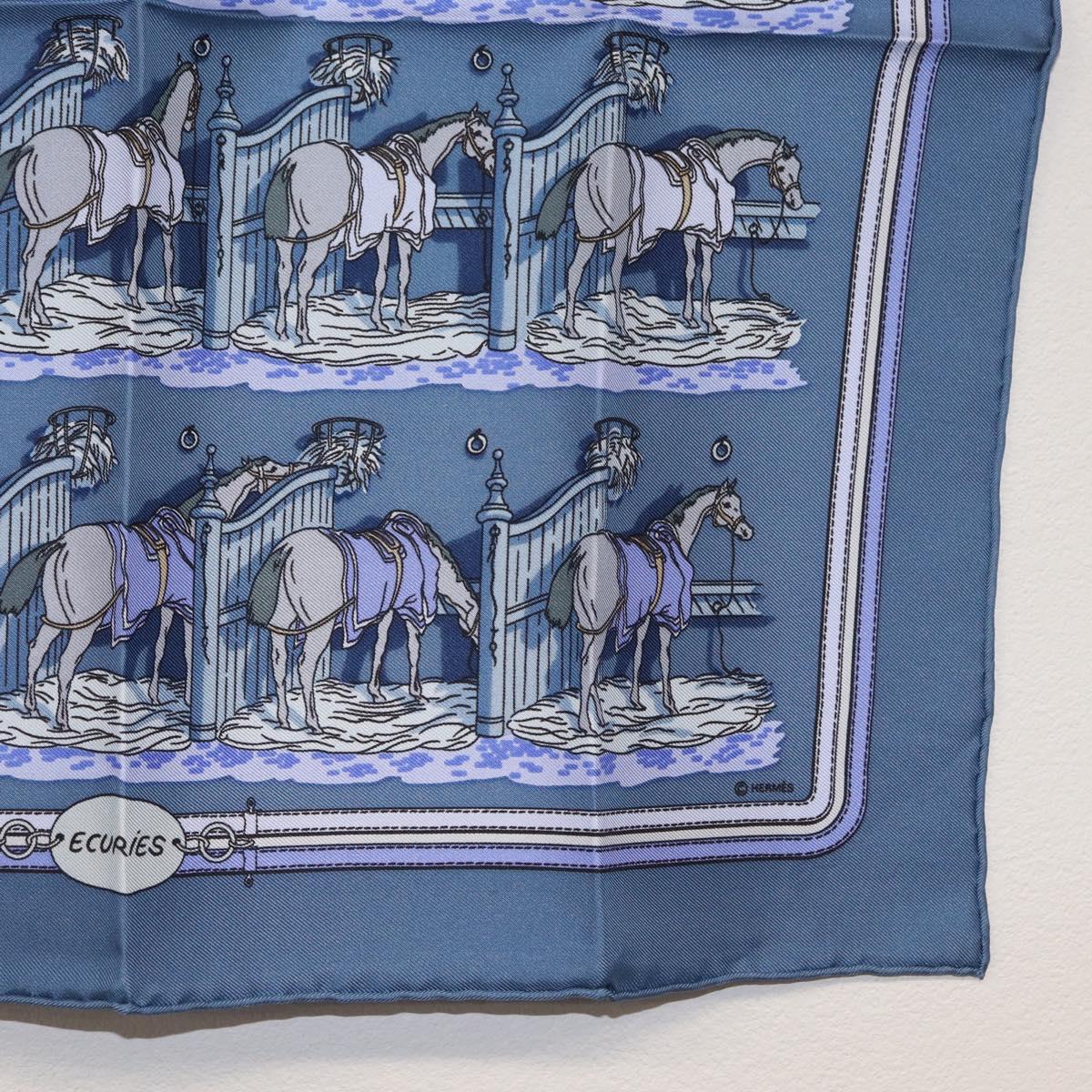 HERMES Carre 45 Scarf ""ECURIES"" Silk Blue Auth ki6468