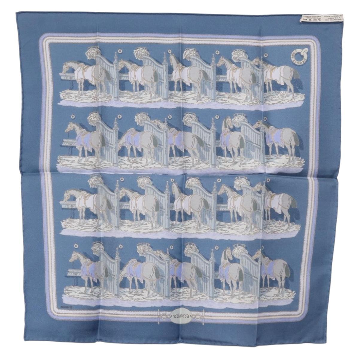 HERMES Carre 45 Scarf ""ECURIES"" Silk Blue Auth ki6468