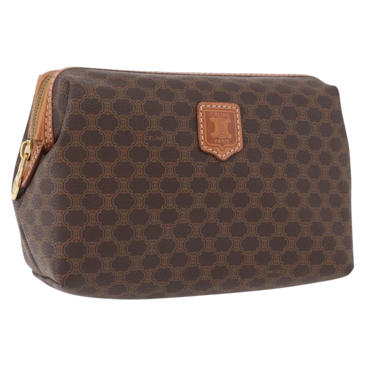 CELINE Macadam Canvas Pouch PVC Leather Brown Gold Auth ki6473
