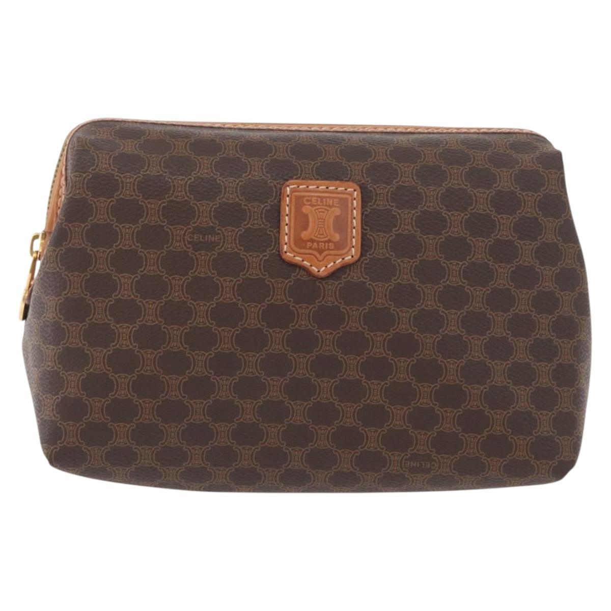 CELINE Macadam Canvas Pouch PVC Leather Brown Gold Auth ki6473