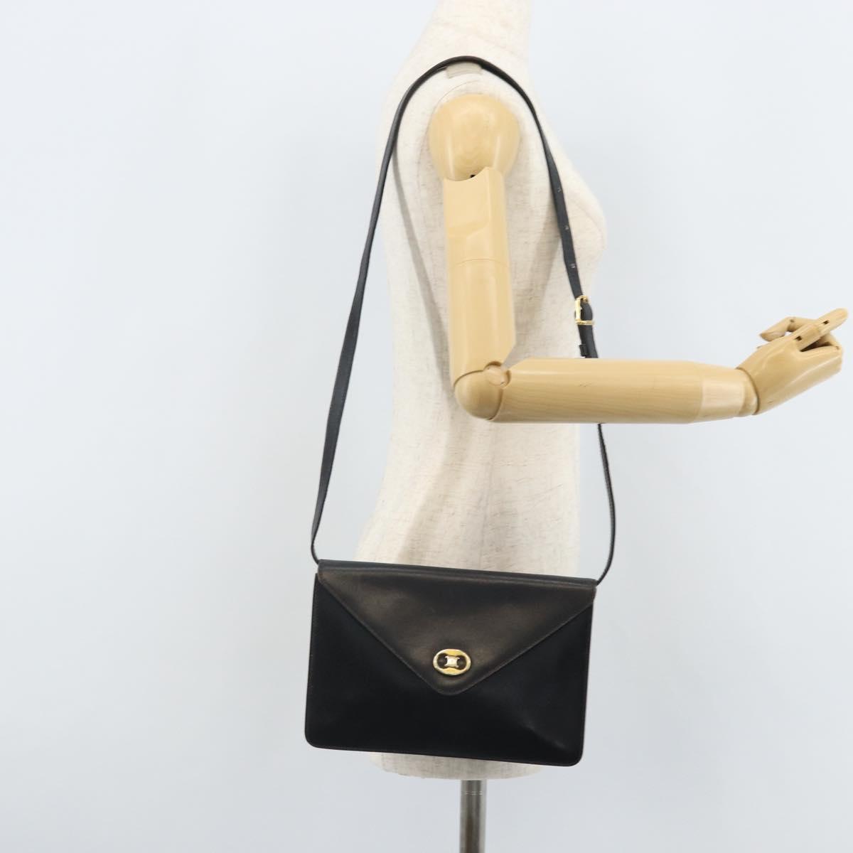 CELINE Shoulder Bag Leather Black Gold Auth ki6485