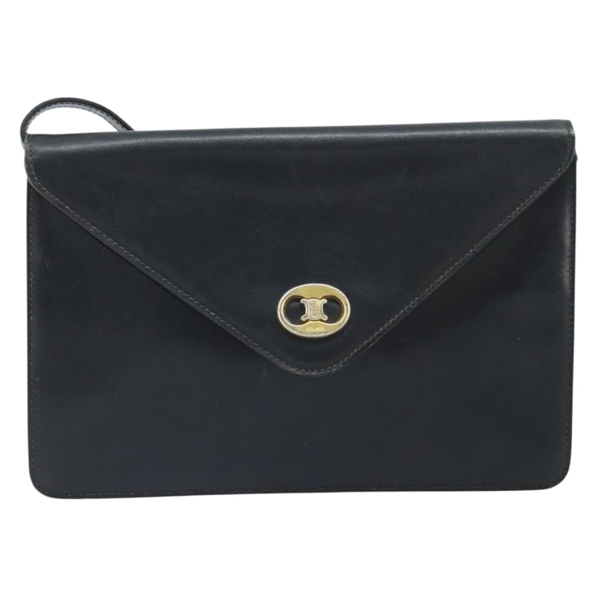 CELINE Shoulder Bag Leather Black Gold Auth ki6485