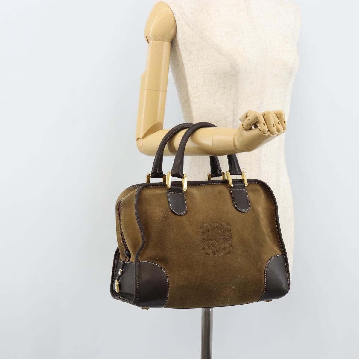 LOEWE Anagram Boston Bag Suede Leather Brown Gold Auth ki6491