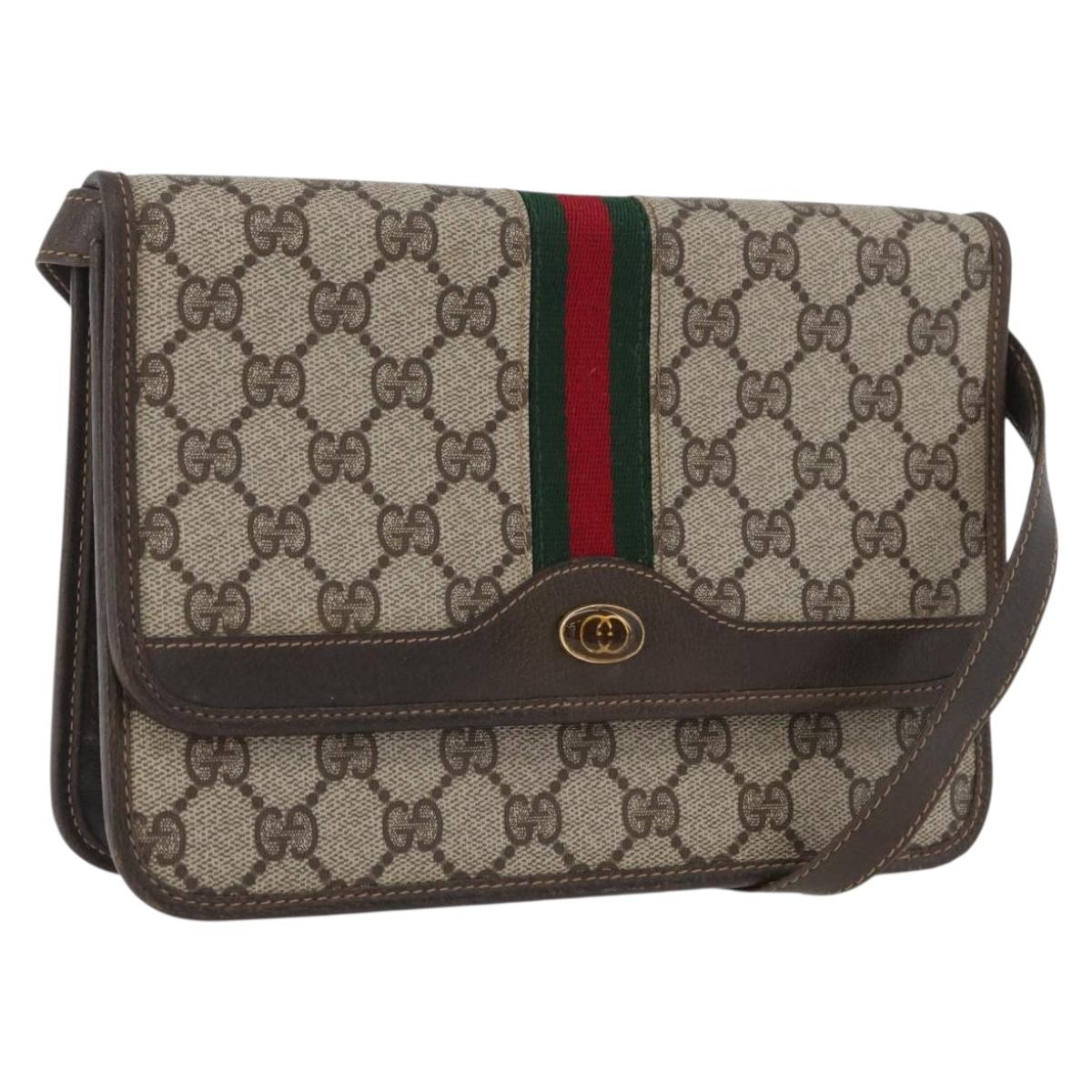 GUCCI Web Sherry Line GG Supreme Shoulder Bag PVC Beige Gold Auth ki6502