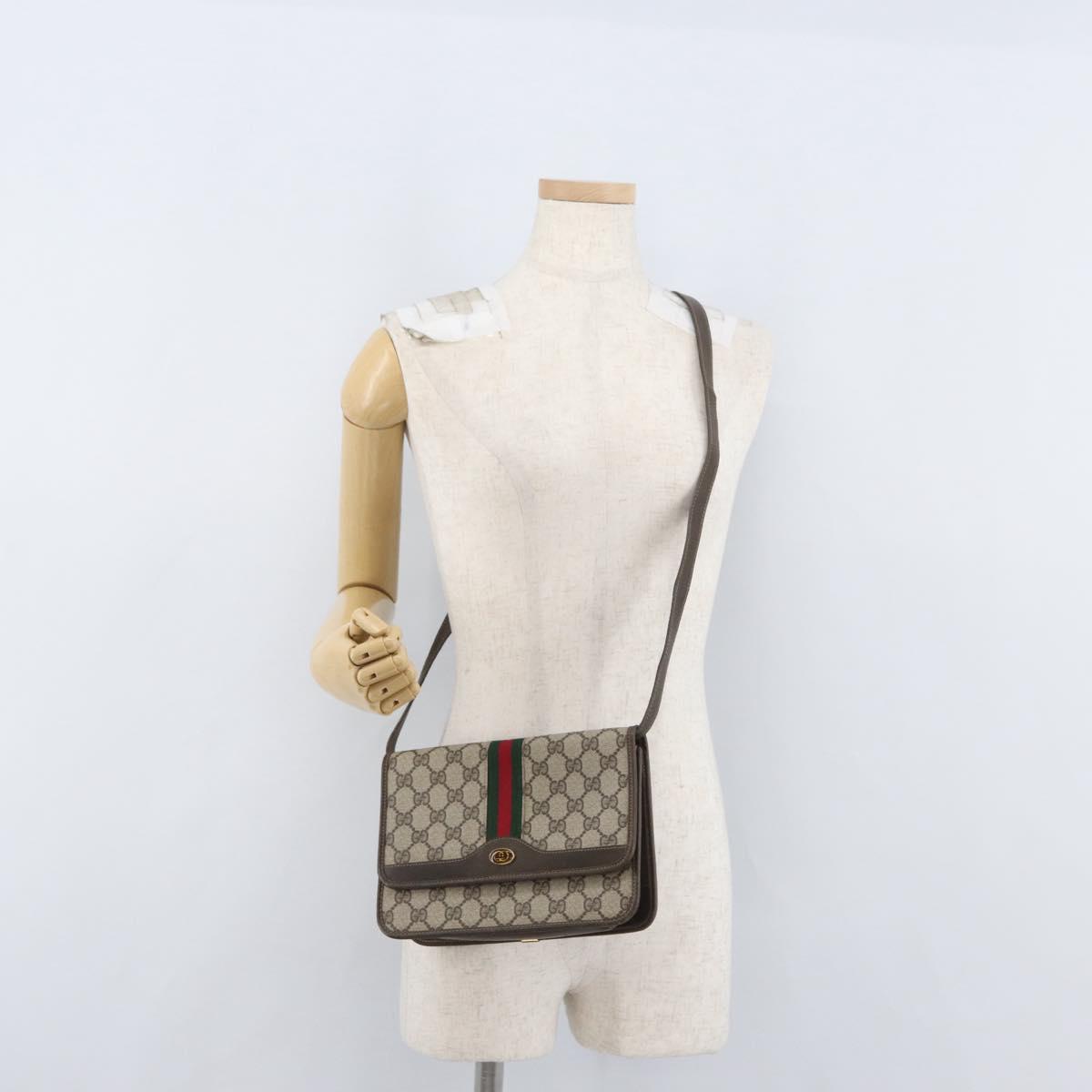 GUCCI Web Sherry Line GG Supreme Shoulder Bag PVC Beige Gold Auth ki6502