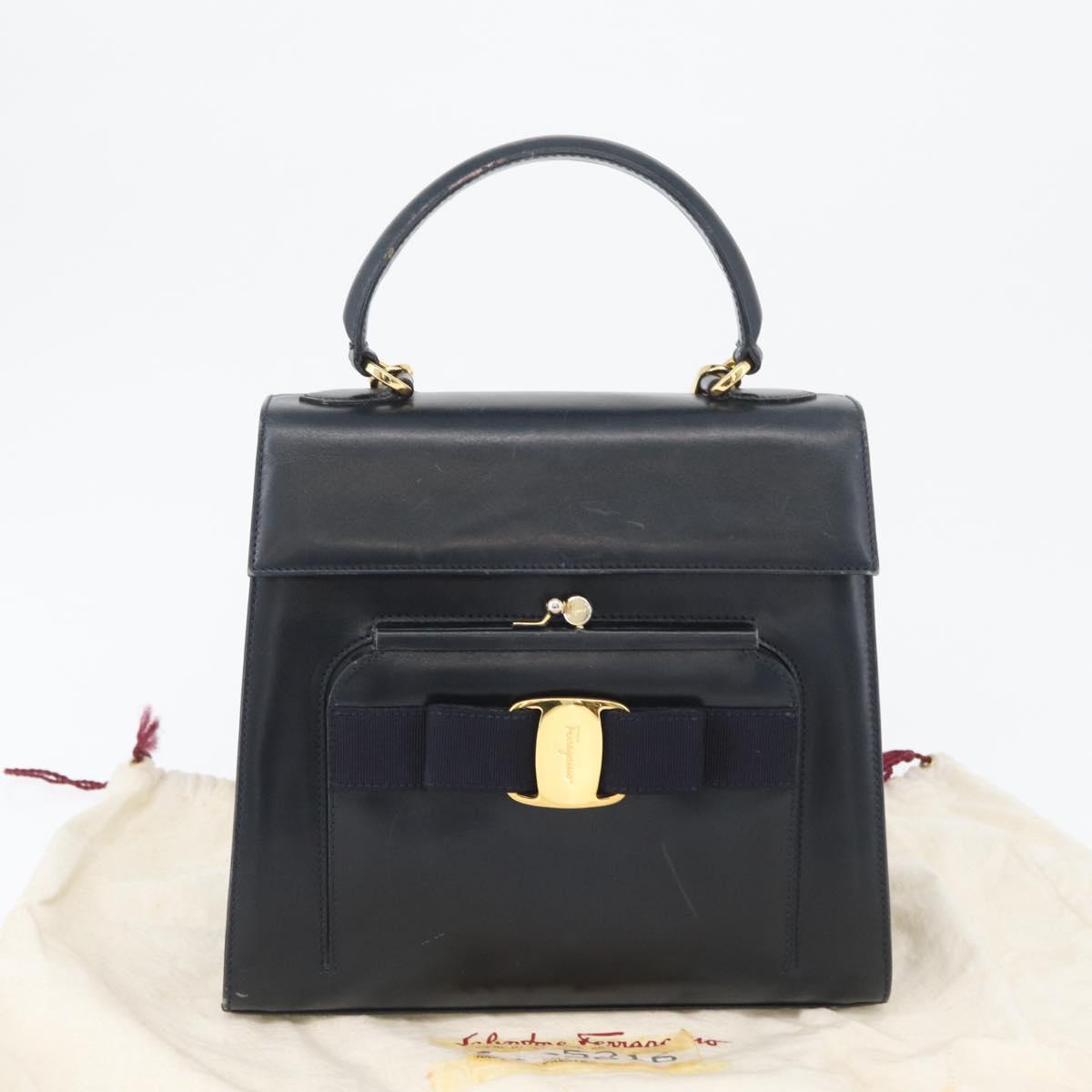Salvatore Ferragamo Hand Bag Leather 2way Navy Gold Auth ki6504