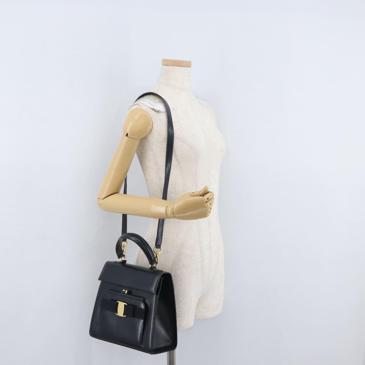 Salvatore Ferragamo Hand Bag Leather 2way Navy Gold Auth ki6504