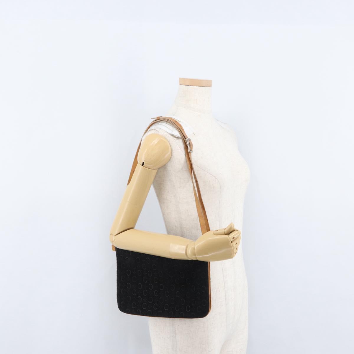 CELINE C Macadam Canvas Shoulder Bag Suede Leather Black Silver Auth ki6507