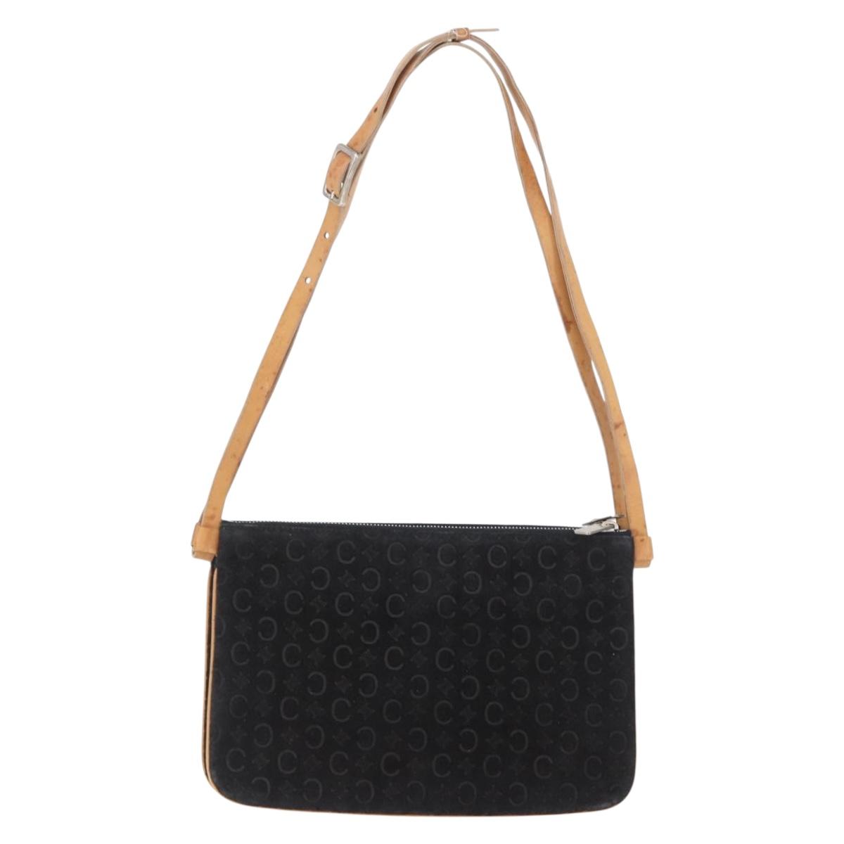 CELINE C Macadam Canvas Shoulder Bag Suede Leather Black Silver Auth ki6507