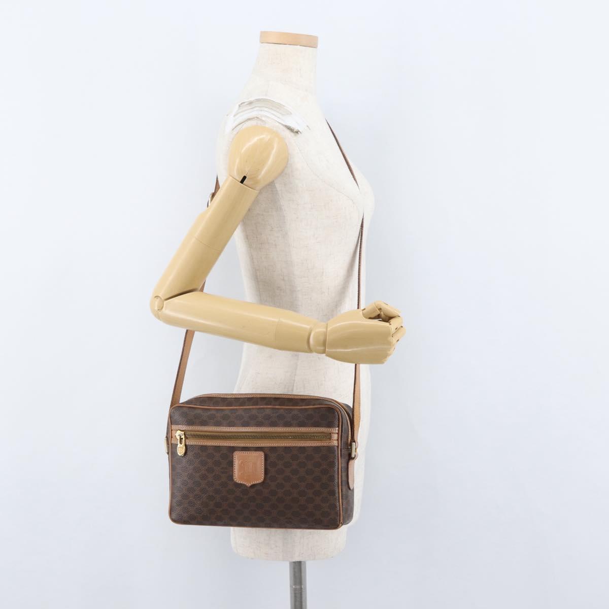 CELINE Macadam Canvas Shoulder Bag PVC Leather Brown Gold Auth ki6508