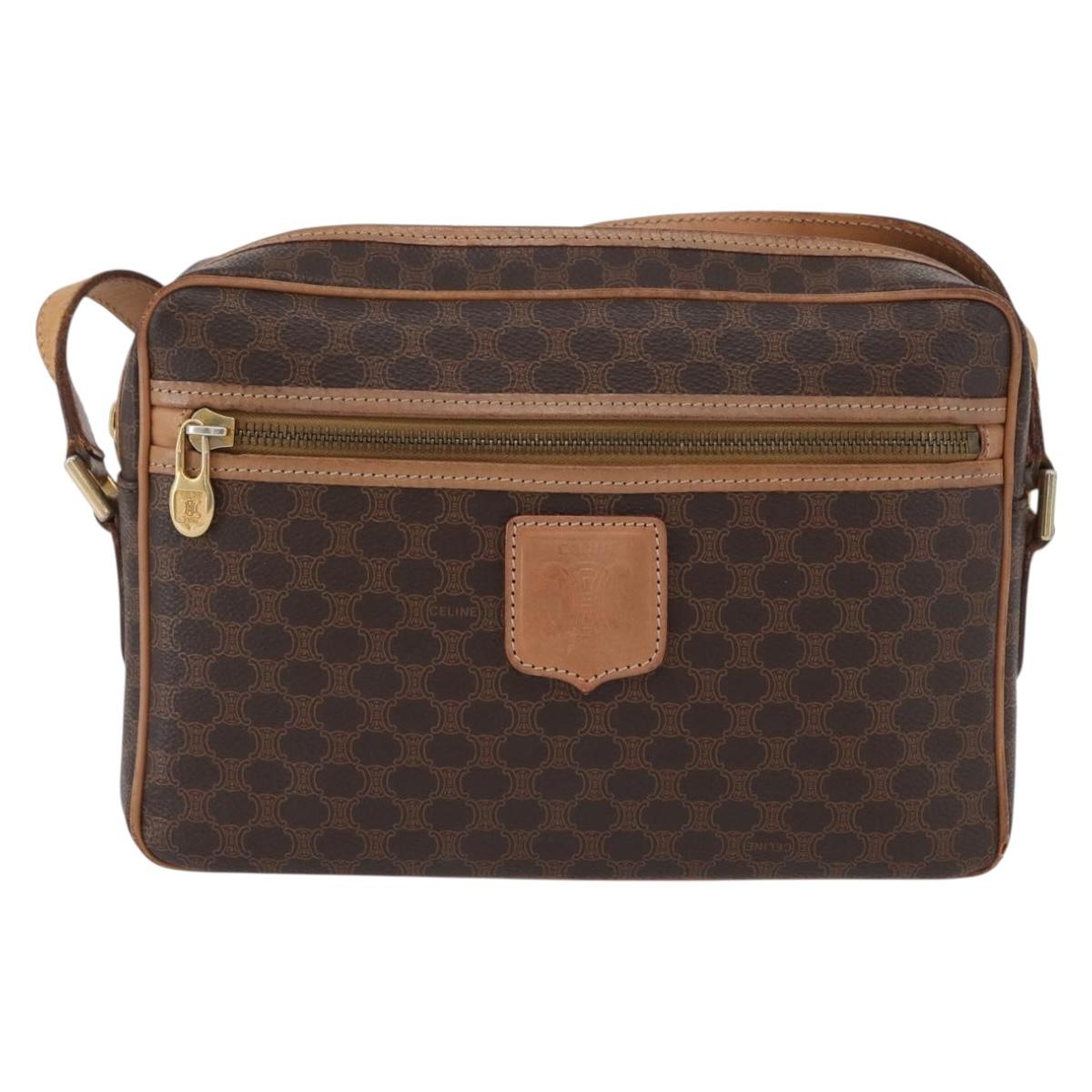 CELINE Macadam Canvas Shoulder Bag PVC Leather Brown Gold Auth ki6508