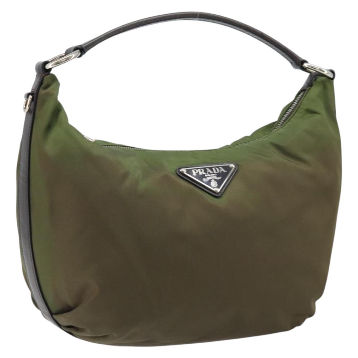 PRADA Shoulder Bag Nylon Silver Khaki Auth ki6511