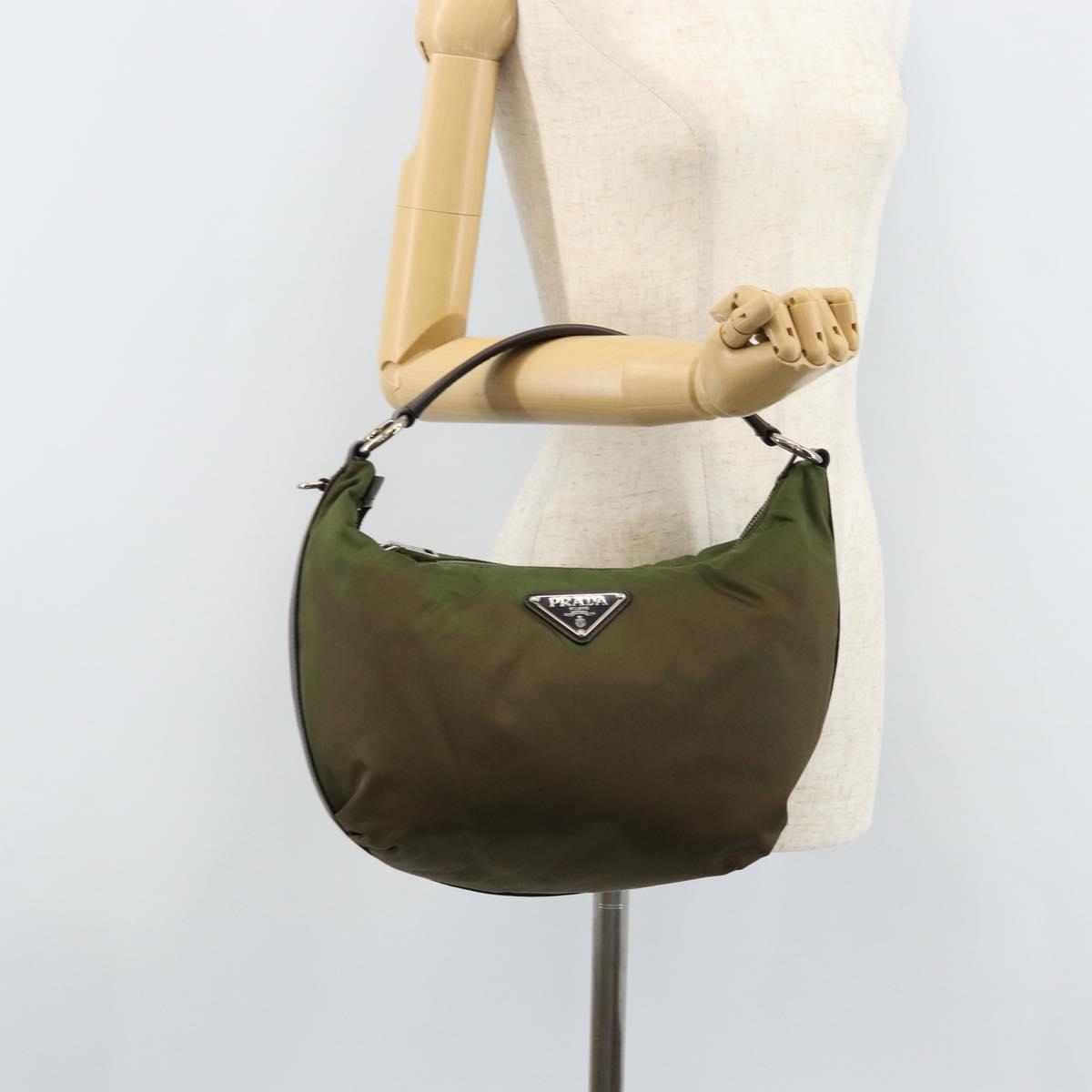 PRADA Shoulder Bag Nylon Silver Khaki Auth ki6511