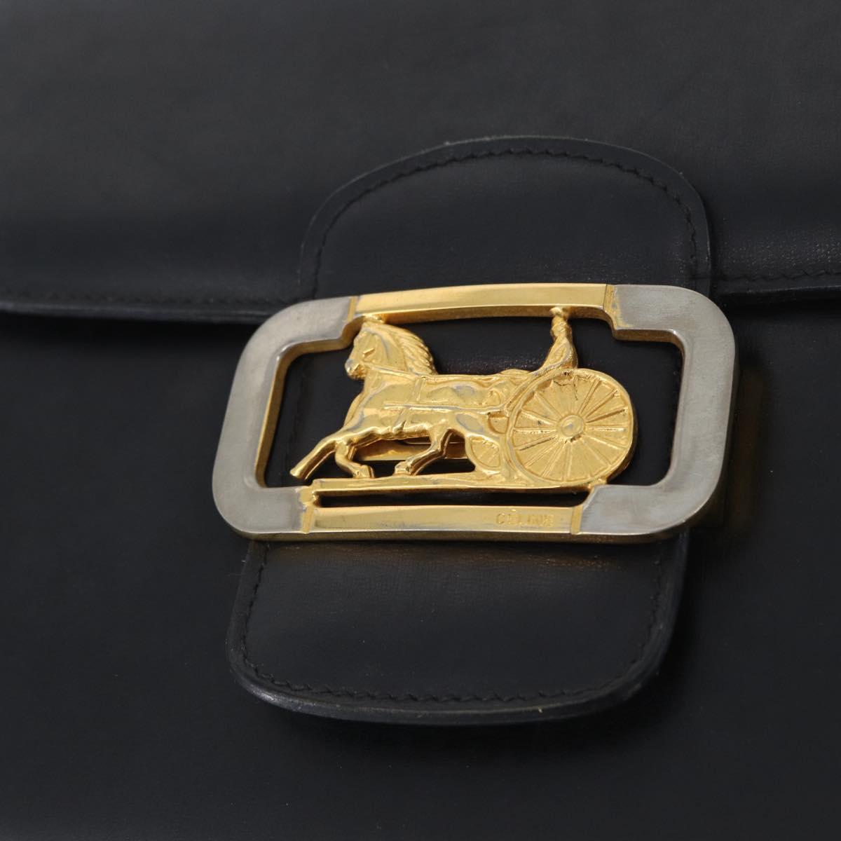 CELINE Horse Carriage Shoulder Bag Leather Black Gold Auth ki6513