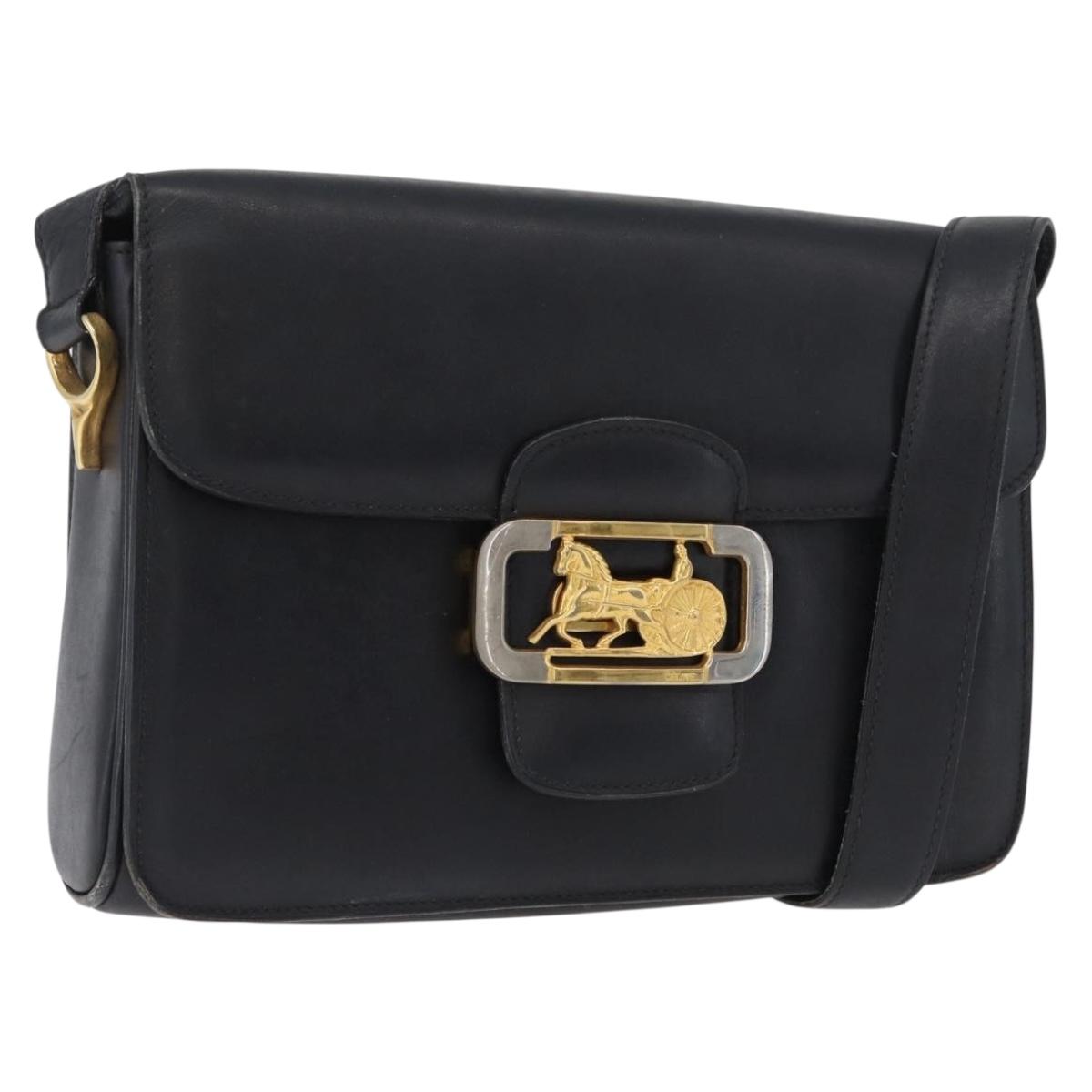 CELINE Horse Carriage Shoulder Bag Leather Black Gold Auth ki6513
