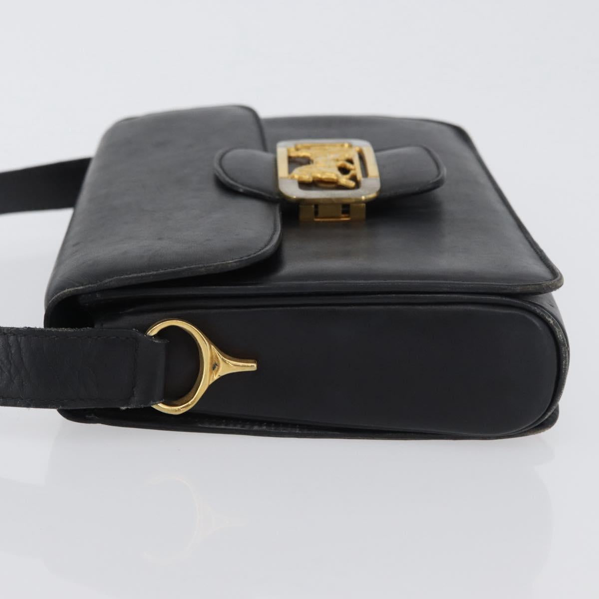 CELINE Horse Carriage Shoulder Bag Leather Black Gold Auth ki6513
