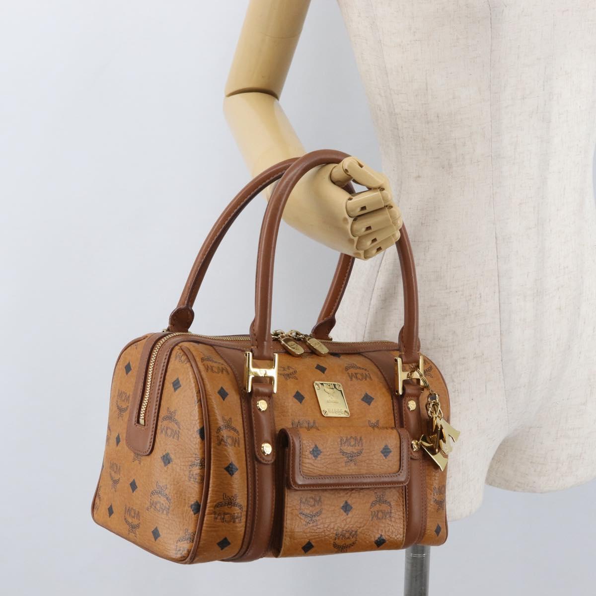 MCM Vicetos Mini Logogram Boston Bag PVC Leather Brown Gold Auth ki6516