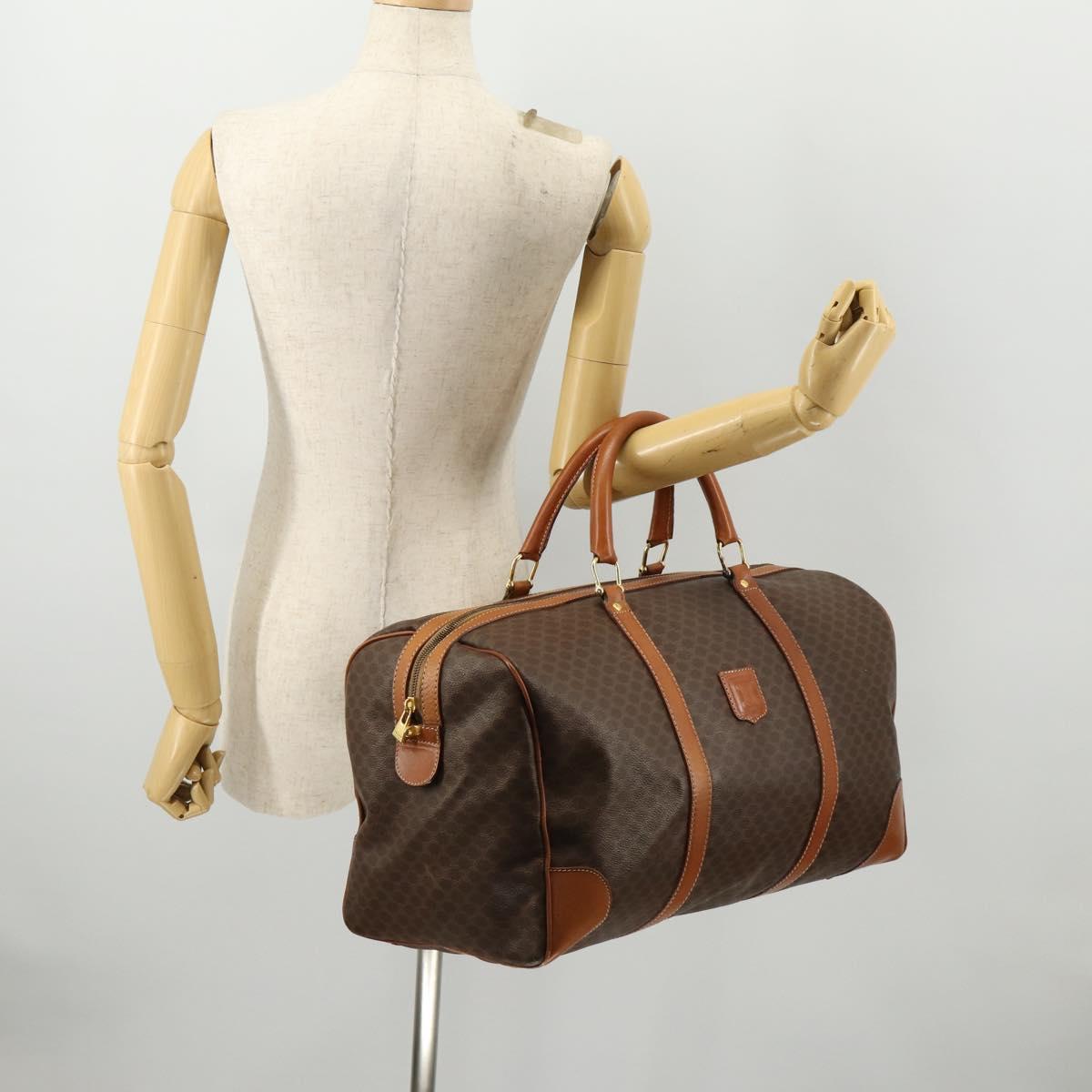 CELINE Macadam Canvas Boston Bag PVC Leather Brown Gold Auth ki6517