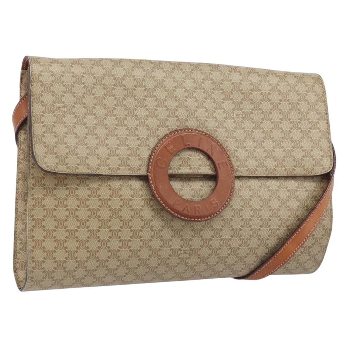 CELINE Macadam Canvas Circle Logo Bag PVC Leather Beige Gold Auth ki6527