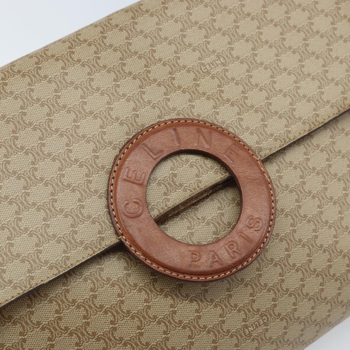 CELINE Macadam Canvas Circle Logo Bag PVC Leather Beige Gold Auth ki6527