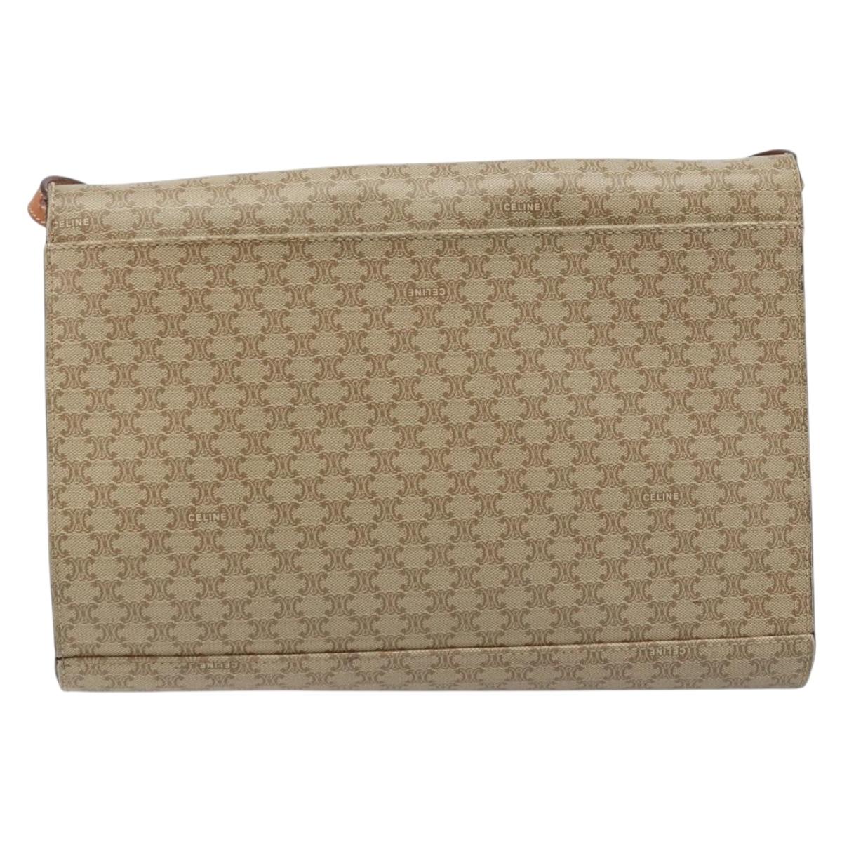 CELINE Macadam Canvas Circle Logo Bag PVC Leather Beige Gold Auth ki6527