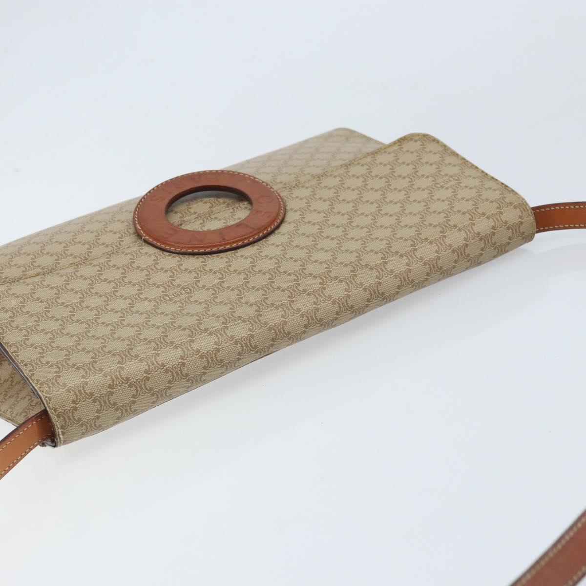 CELINE Macadam Canvas Circle Logo Bag PVC Leather Beige Gold Auth ki6527