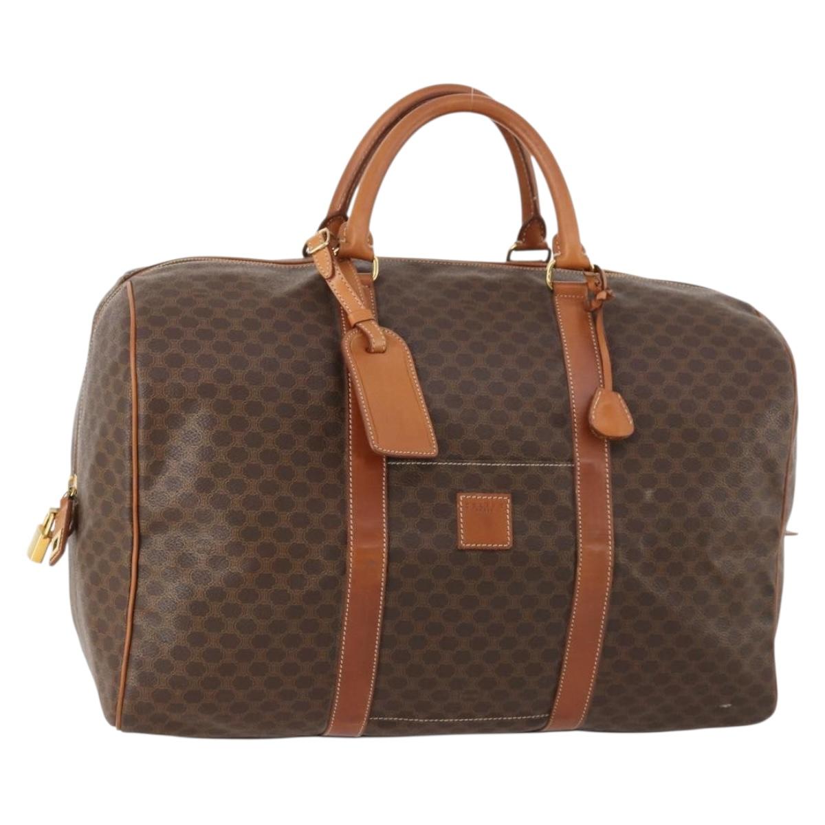 CELINE Macadam Canvas Boston Bag PVC Leather Brown Gold Auth ki6530