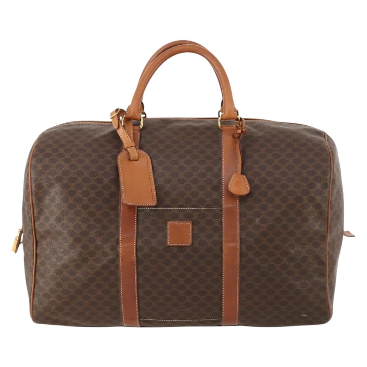 CELINE Macadam Canvas Boston Bag PVC Leather Brown Gold Auth ki6530