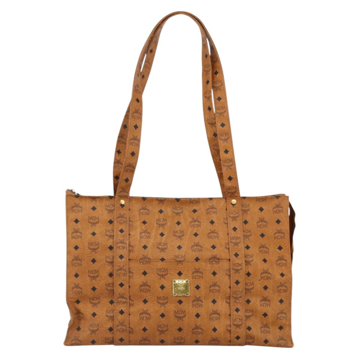 MCM Logogram Vicetos Tote Bag PVC Brown Gold Auth ki6533