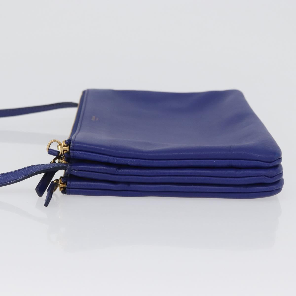 CELINE Trio Large Shoulder Bag Leather Blue Gold Auth ki6538