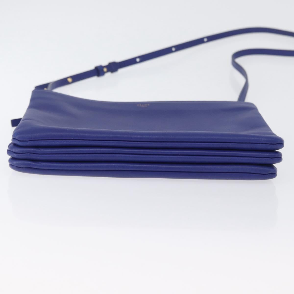 CELINE Trio Large Shoulder Bag Leather Blue Gold Auth ki6538