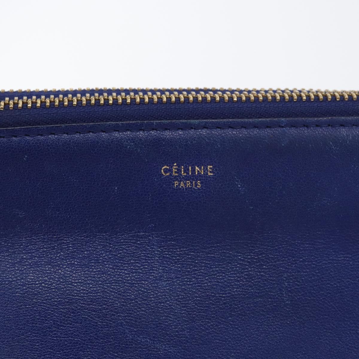 CELINE Trio Large Shoulder Bag Leather Blue Gold Auth ki6539