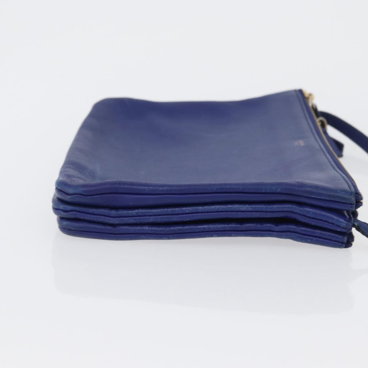 CELINE Trio Large Shoulder Bag Leather Blue Gold Auth ki6539