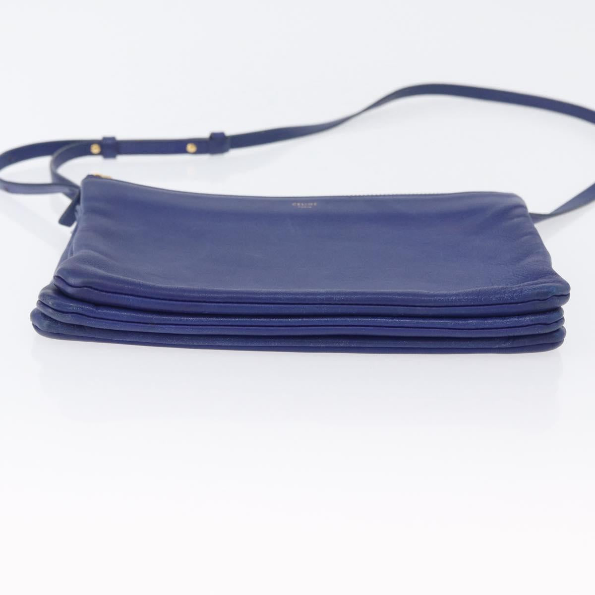 CELINE Trio Large Shoulder Bag Leather Blue Gold Auth ki6539