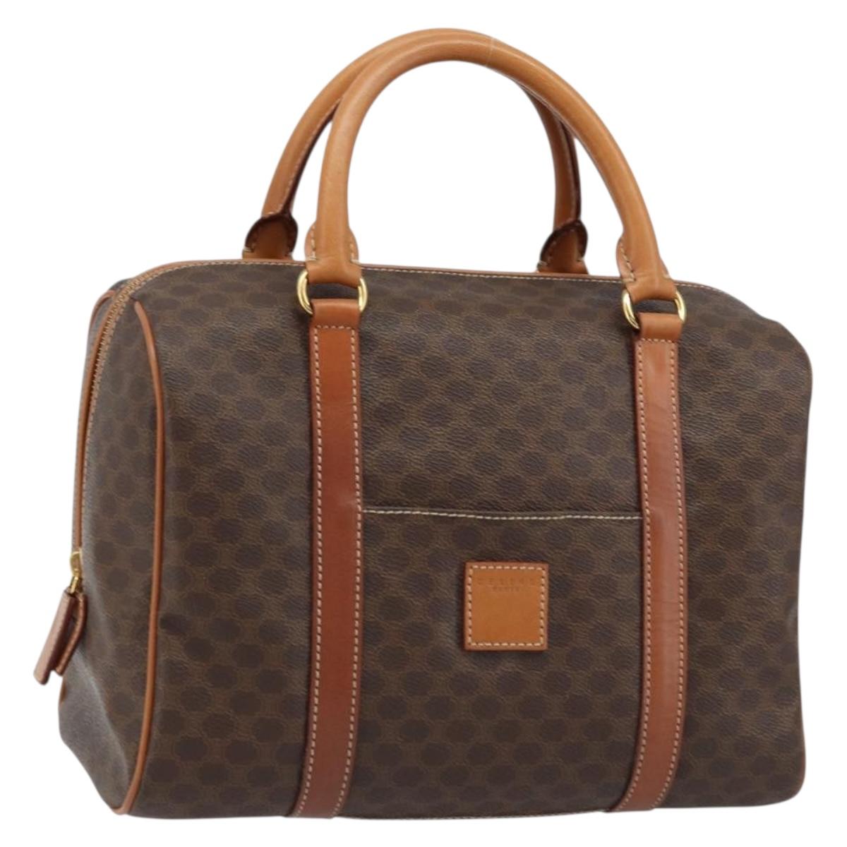 CELINE Macadam Canvas Boston Bag PVC Leather Brown Gold Auth ki6547