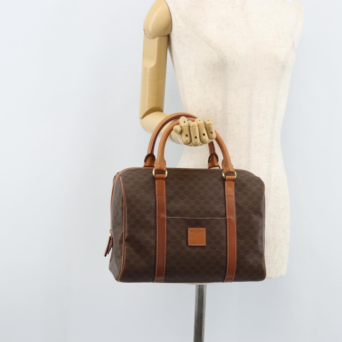 CELINE Macadam Canvas Boston Bag PVC Leather Brown Gold Auth ki6547