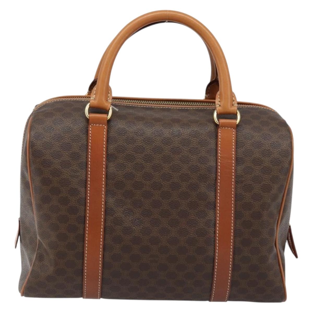 CELINE Macadam Canvas Boston Bag PVC Leather Brown Gold Auth ki6547