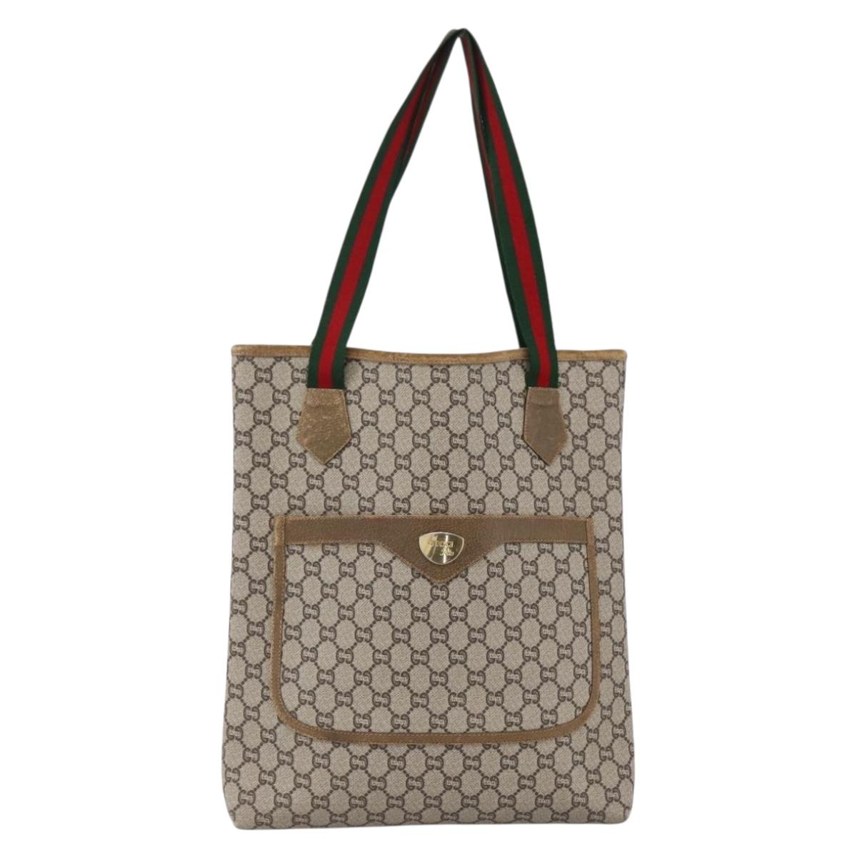 GUCCI GG Plus Supreme Web Sherry Line Tote Bag PVC Beige Gold Auth ki6556