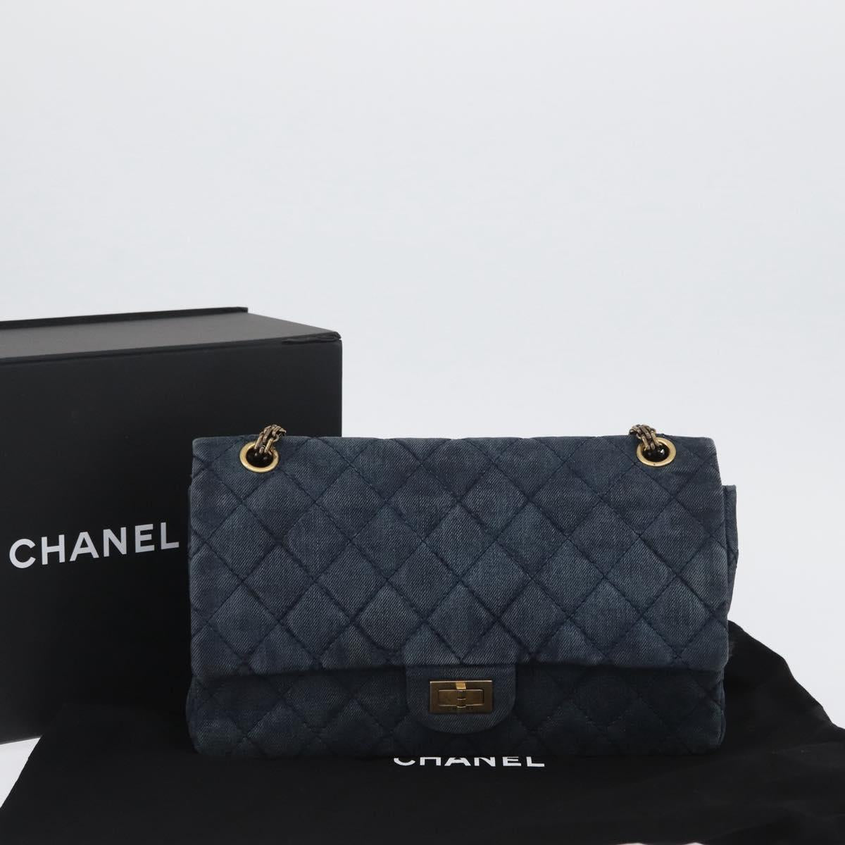 CHANEL Double Flap Chain Matelasse Shoulder Bag Denim Blue Gold CC Auth ki6569SAM