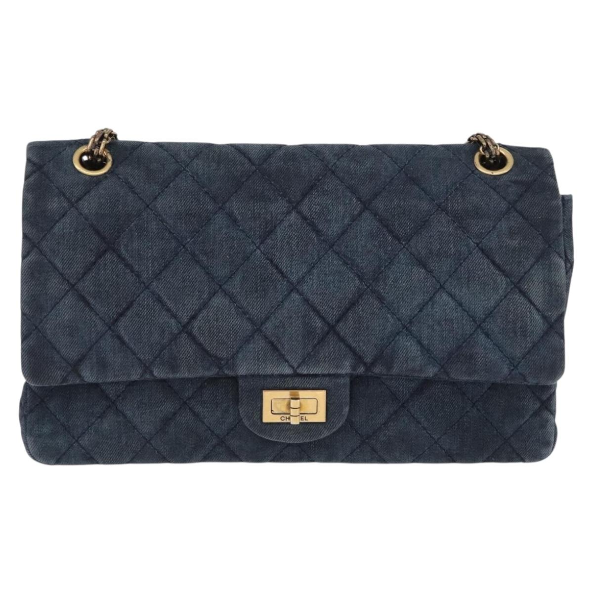 CHANEL Double Flap Chain Matelasse Shoulder Bag Denim Blue Gold CC Auth ki6569SAM