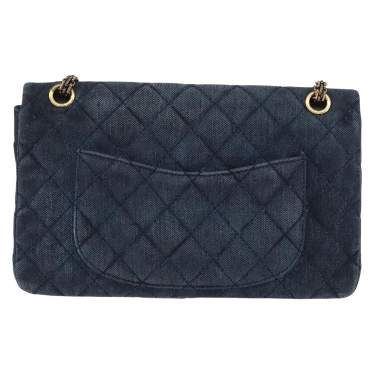 CHANEL Double Flap Chain Matelasse Shoulder Bag Denim Blue Gold CC Auth ki6569SAM