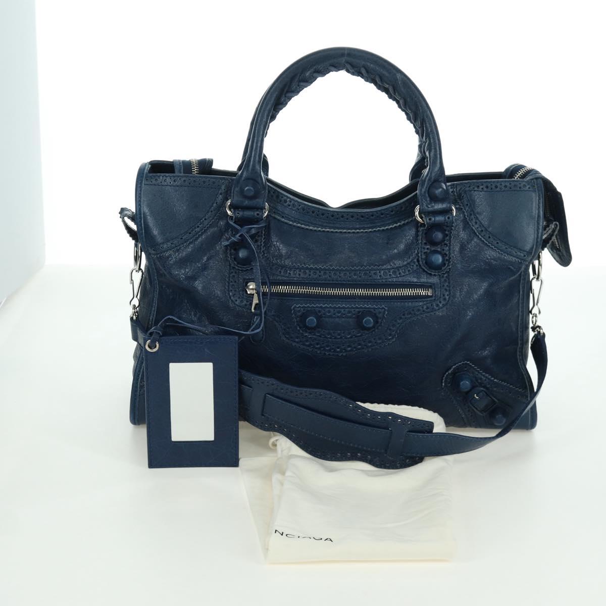 BALENCIAGA Giant City Hand Bag Leather 2way Blue Silver 258044 Auth ki6596SAM
