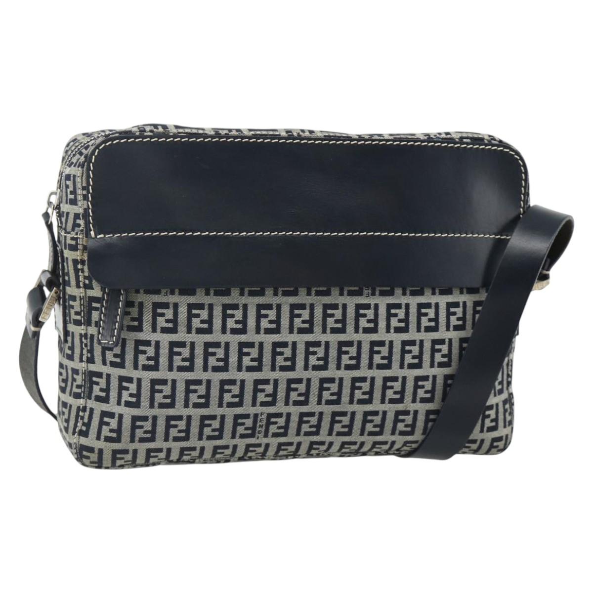 FENDI Zucchino Canvas Shoulder Bag Navy Silver Auth ki6624V