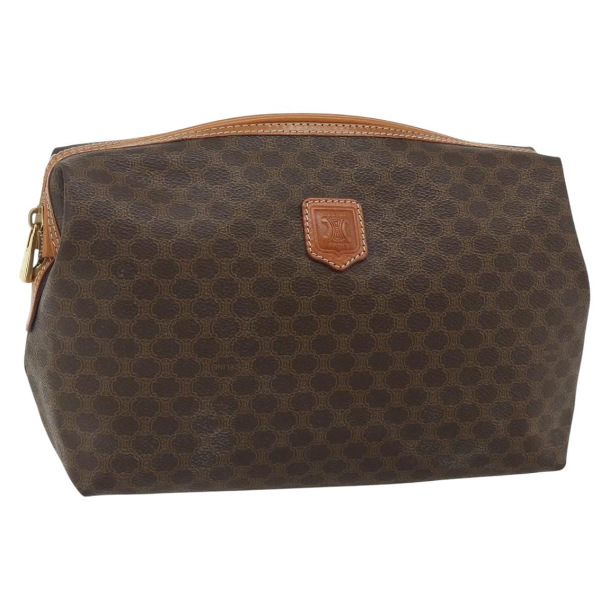 CELINE Macadam Canvas Vanity Pouch PVC Leather Brown Gold Auth ki6626A